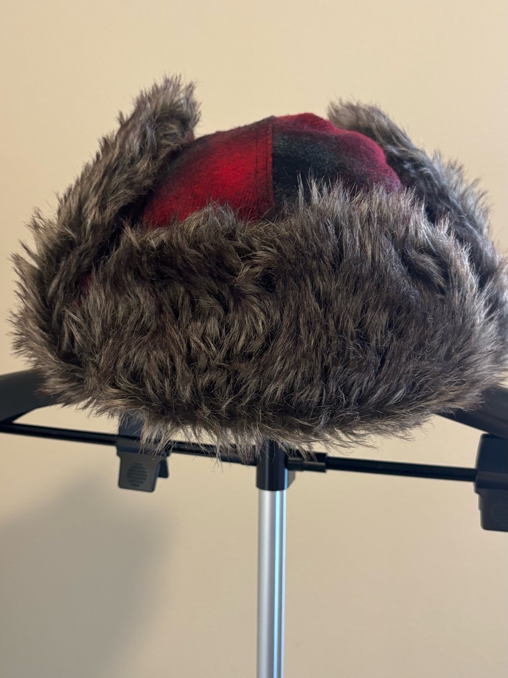Swiss Tech Performance Gear Trapper Hat Red Black Buffalo Plaid Faux Fur OSFM